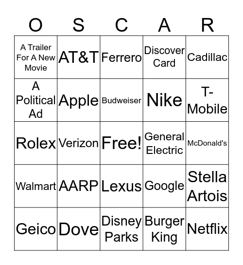 Oscars Advertisement Bingo Card