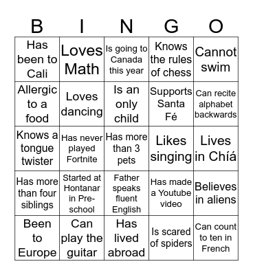 Grade 6 Icebreaker Bingo Card