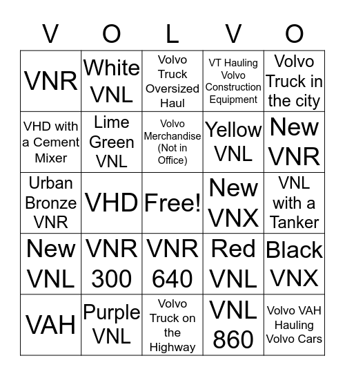 Volvo Trucks BINGO Card