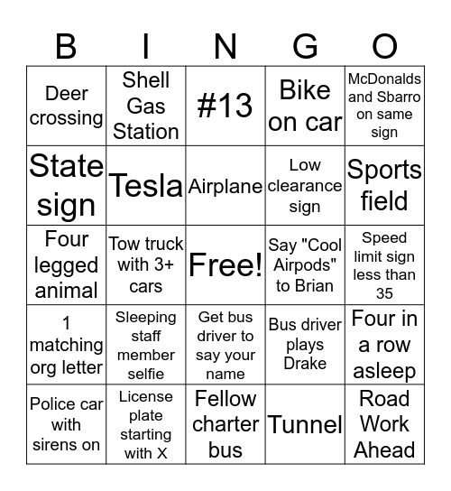 AFLV Bus Bingo Card