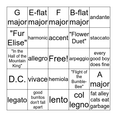 Music theory bingo Card