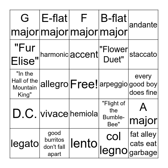 Music theory bingo Card