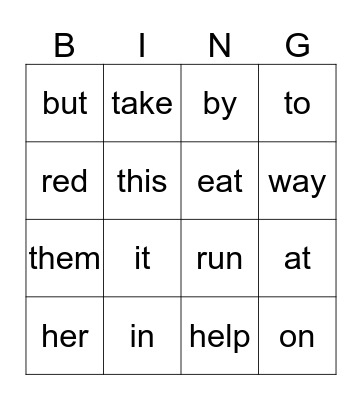 Sight Word Bingo Card