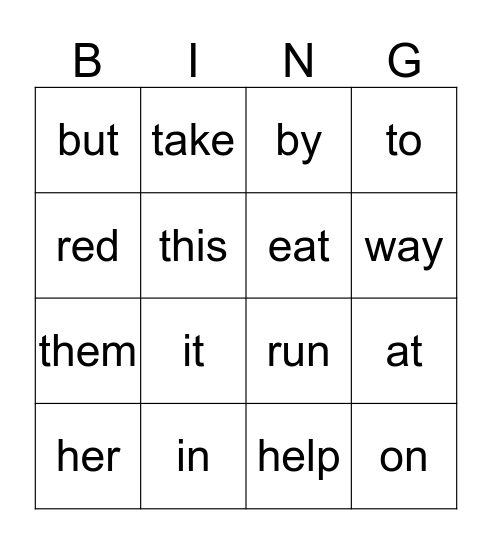 Sight Word Bingo Card