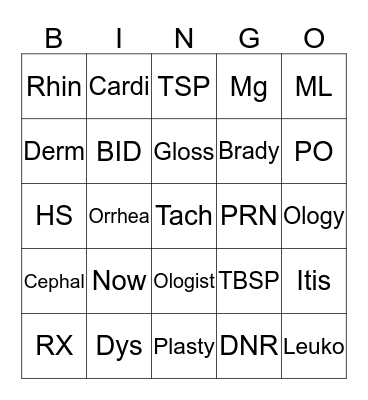 Medical Terms Bingo Card