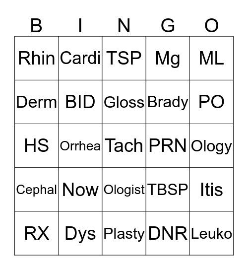 Medical Terms Bingo Card