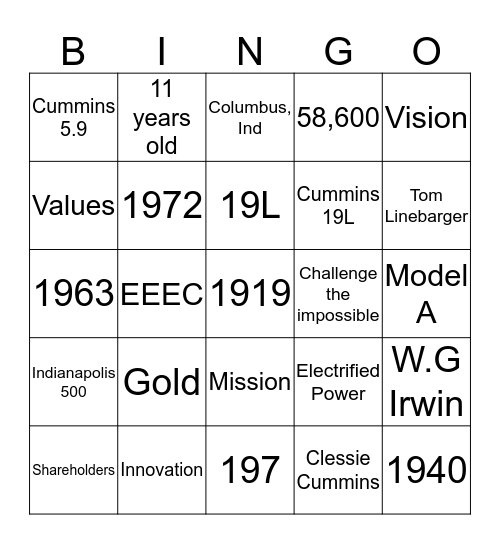 Cummins 100 Year Celebration Bingo Card