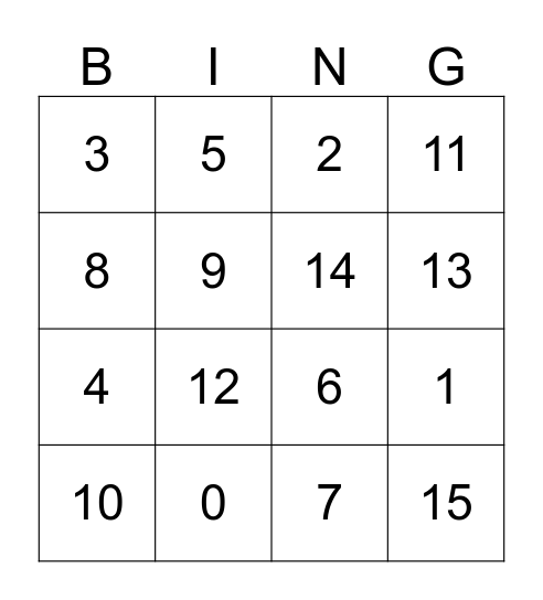 Números 0-15 Bingo Card