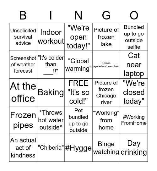 Polar Vortex Instagram Bingo Card