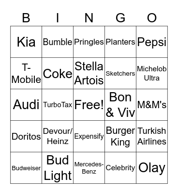 Super Bowl Commercials Bingo Card