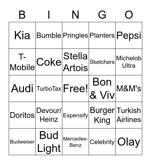 Super Bowl Commercials Bingo Card