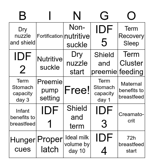 NICU Baby Friendly Bingo Card