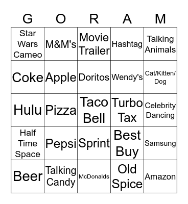 Super Bowl Commercials Bingo Card