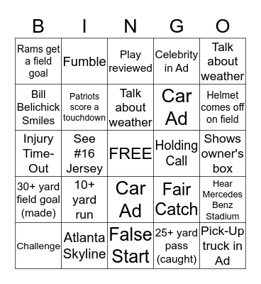 SUPER BOWL LII * BINGO * Rams vs Patriots Bingo Card