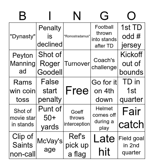 Fabsstory Super Bowl Bingo Card