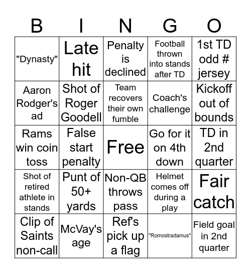 Fabsstory Super Bowl Bingo Card