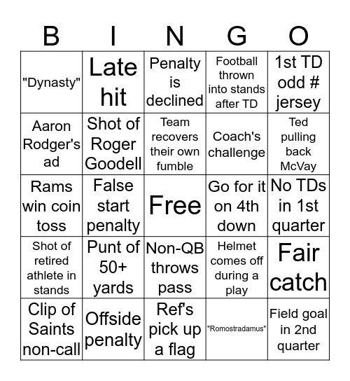 Fabsstory Super Bowl Bingo Card