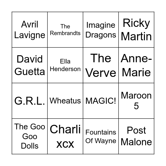 ARTIST1 Bingo Card