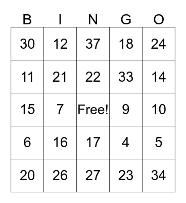 Grandparent's Day Bingo Card