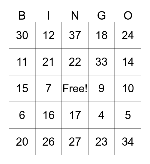 Grandparent's Day Bingo Card