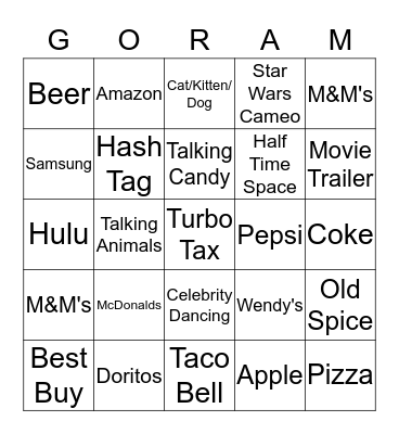 Super Bowl Commercials Bingo Card