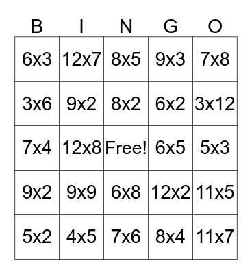 Multiplication Bingo Card