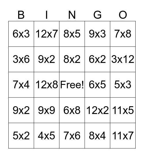 Multiplication Bingo Card