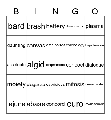 Vocabulary Test Bingo Card