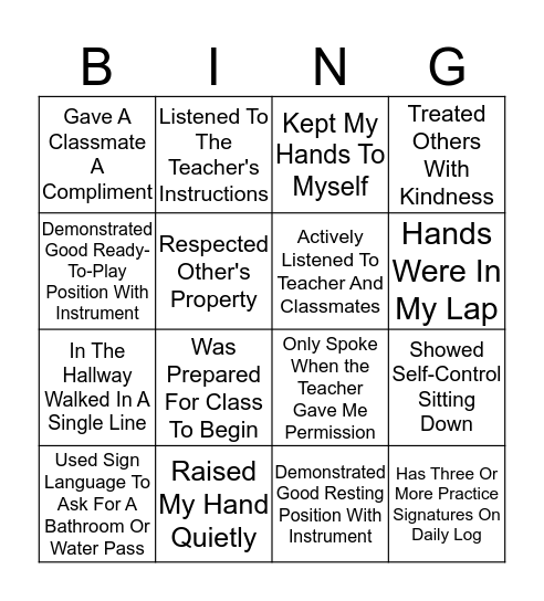 Kidznotes Good Choices Bingo Card