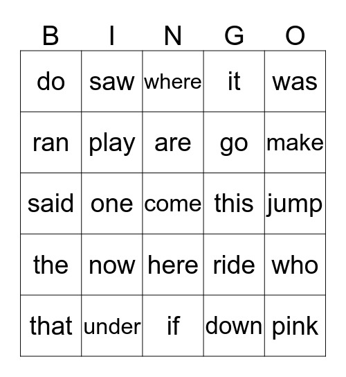 Sight Word Bingo Card
