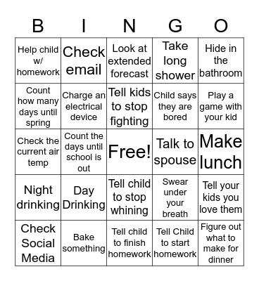 Polar Vortex Parent Bingo Card