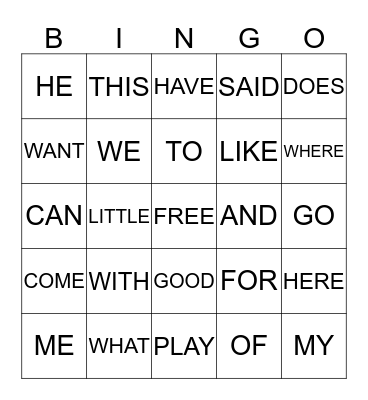 SIGHT WORDS Bingo Card