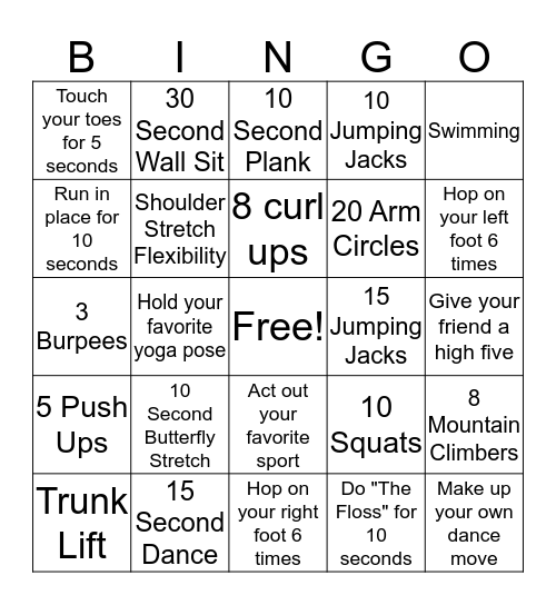 FITNESS BINGO!  Bingo Card