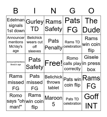 Super Bowl Bingo Card