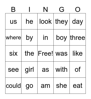 Sight Word BINGO Card