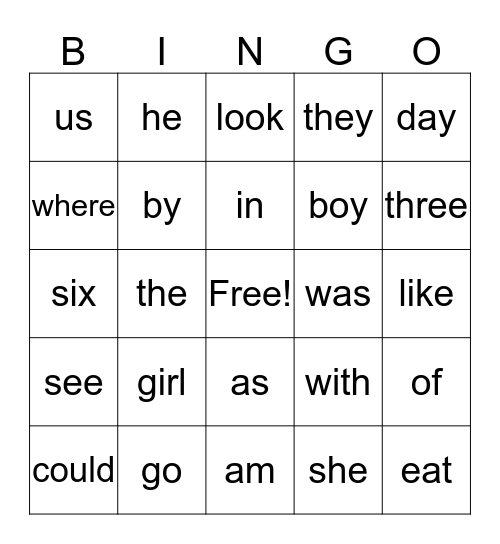 Sight Word BINGO Card