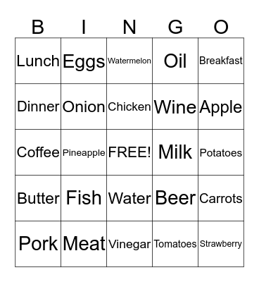 FOOD and MEALS Bingo Card