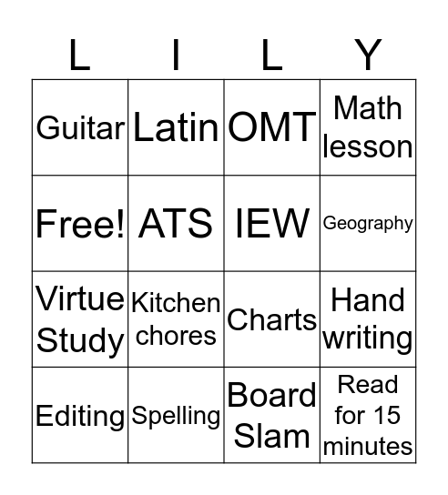 Lily's School Work  Bingo Card