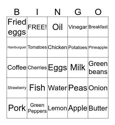 FOOD and MEALS Bingo Card