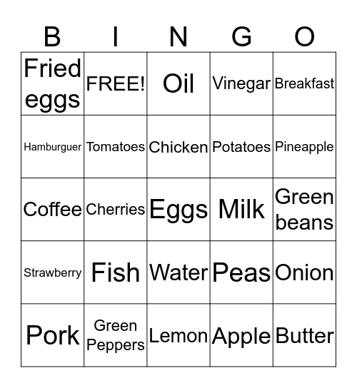 FOOD and MEALS Bingo Card