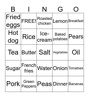 FOOD and MEALS Bingo Card