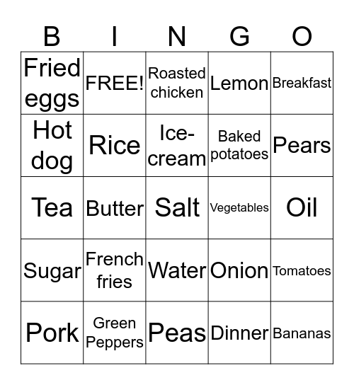 FOOD and MEALS Bingo Card