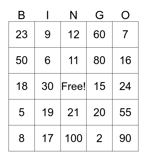 100 Year Old BINGO Card