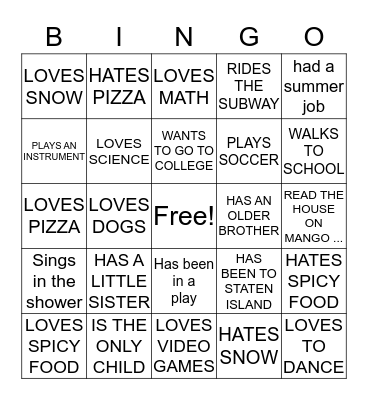 Getting to Know you Bingo  Bingo Card