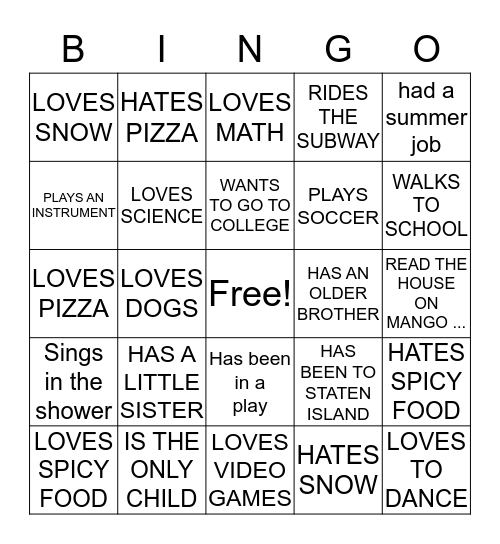 Getting to Know you Bingo  Bingo Card
