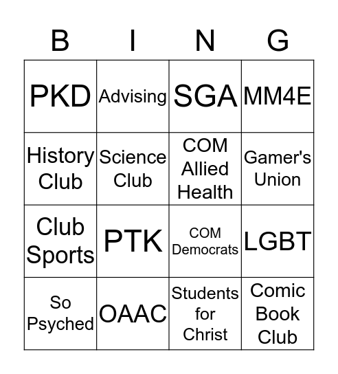Student Life Join A Club Day Bingo Card