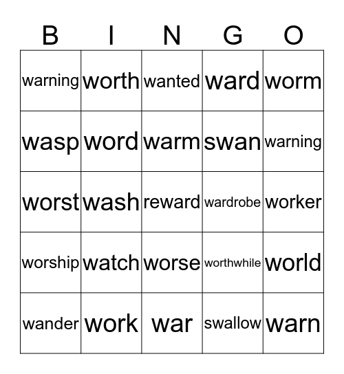 aw  wor  war Bingo Card