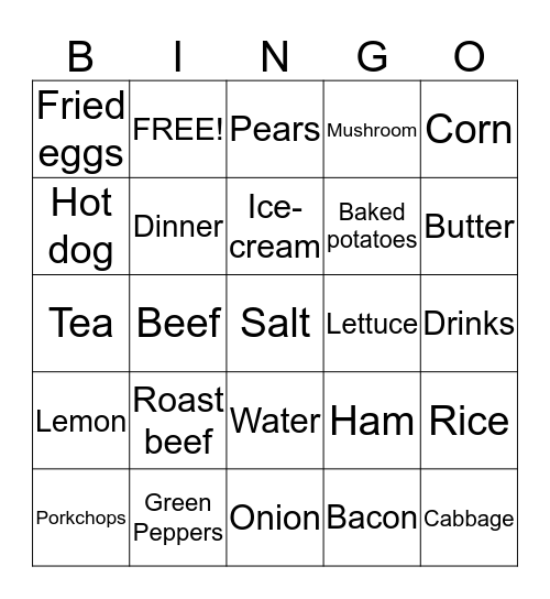 FOOD and MEALS Bingo Card