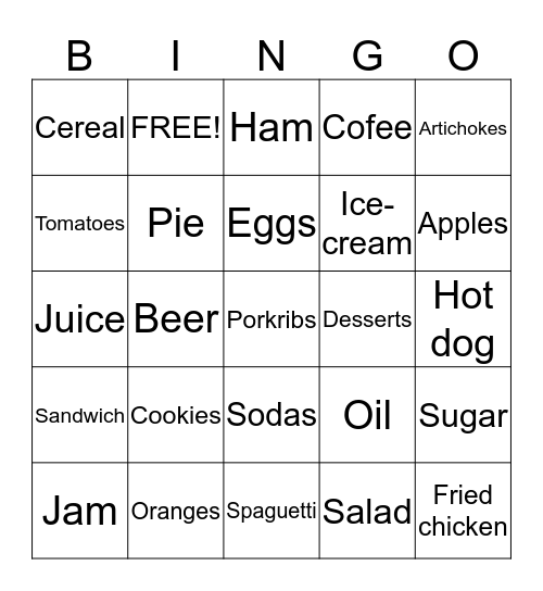 FOOD and MEALS Bingo Card