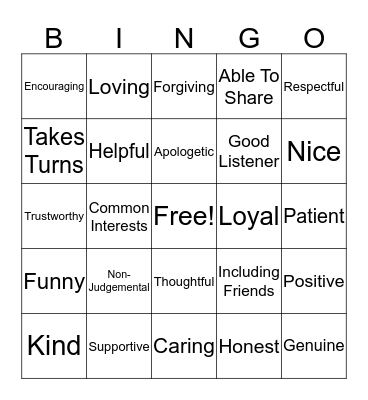 Friendship Bingo Card
